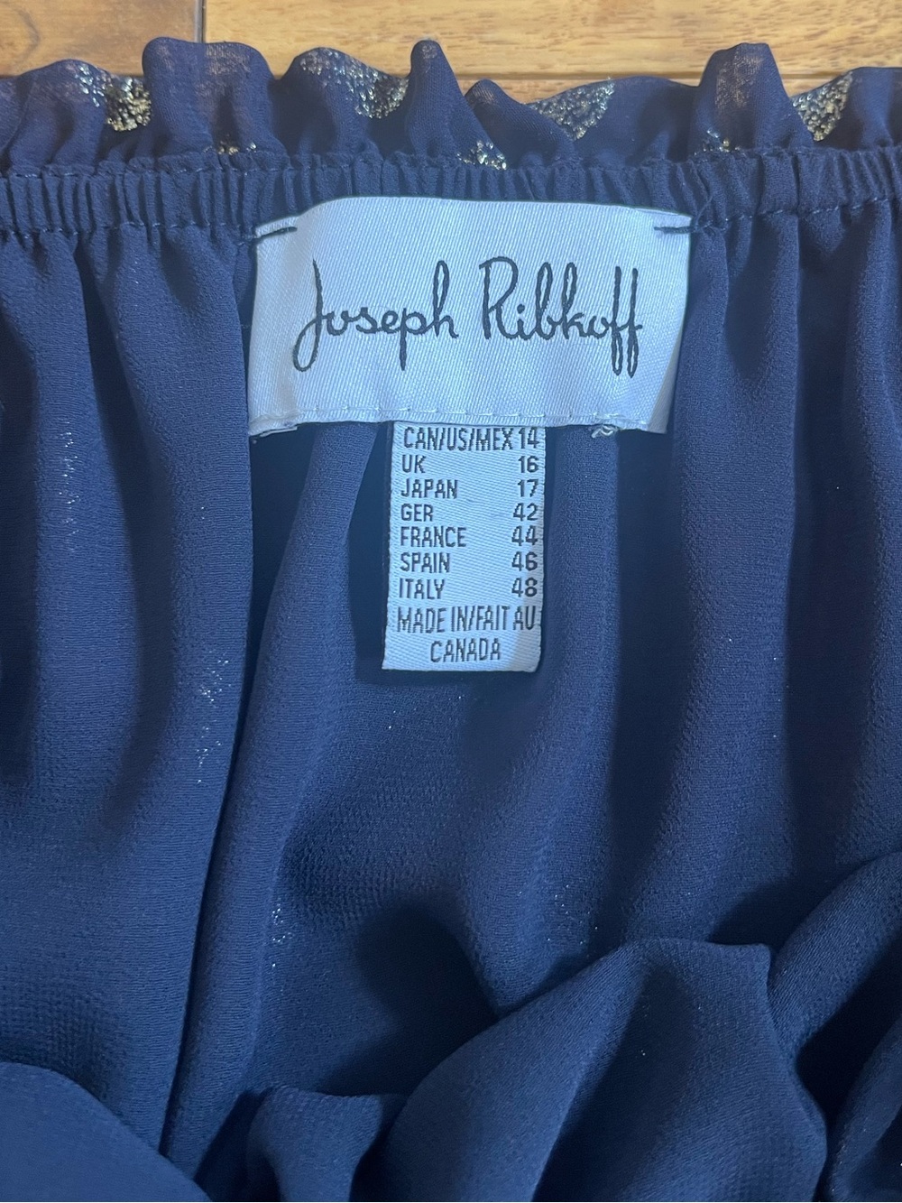 Joseph Ribkoff Navy and Gold Polka Dot Off-Shoulder Pillow Sleeve Ruffle Blouse - Picture 10 of 12